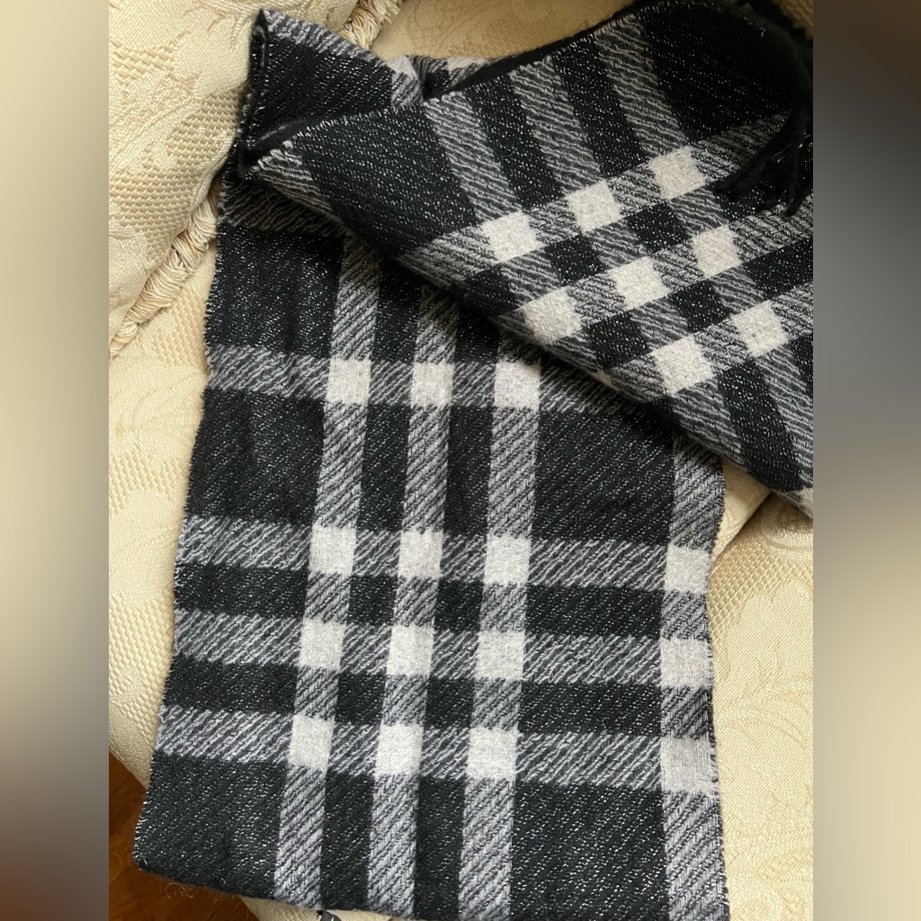 Burberry Black And Gray Plaid 100% Cashmere Scarf With Sparkly Threading, Unisex